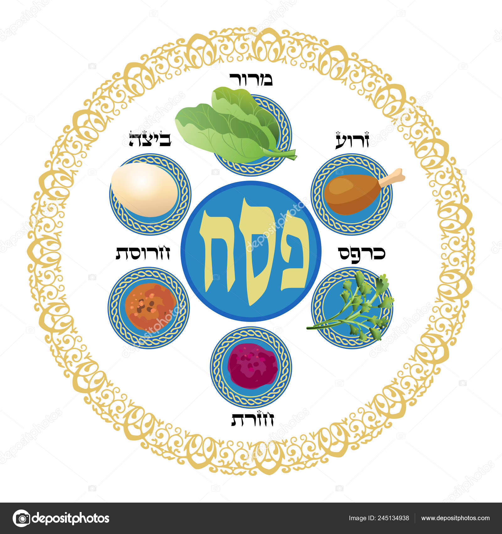 逾越节翻译希伯来文字体逾越节花架装饰用白板6个传统符号Matzah Jewish传统面包祈祷书2023  图库矢量图©sofiartmedia.gmail.com 245134938