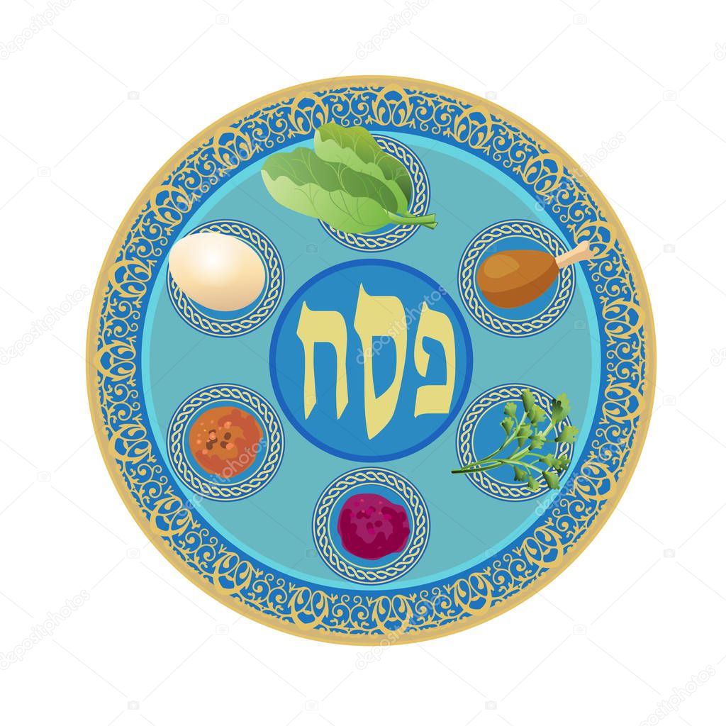 Pesach Plate. Passover Holiday - translate Hebrew lettering, card, icon, logo. Pesach plate for Passover seder ceremony decorative vintage floral frame, six traditional symbols matzah jewish traditional bread, prayer book, jewish food, family, matza