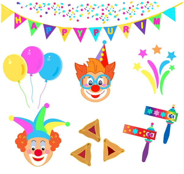 Vicces Bohócok Mask Ikon Minta Boldog Purim Fesztivál Zsidó Ünnep — Stock Vector