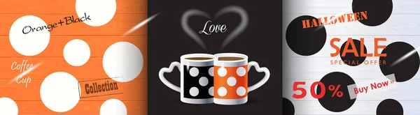 Sale banner background with two coffee cup, orange and black polka dot pattern, heart shape, romance love concept. Coffee mugs. Holiday, Birthday Party, Halloween, Black friday, Weekend Sale decoration. Pop Art poster graphic modern minimalist design