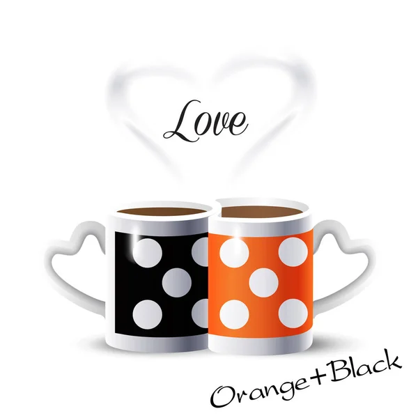 Breakfast Menu Poster Coffee couple mugs and heart shape. Abstract Sale banner orange & black color background kitchen trendy design love concept Cappuccino Espresso gift card Tea cups cafe menu advertising shop template save date wedding day friends