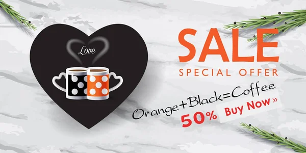 Kaffe Par Muggar Och Hjärta Form Abstrakt Försäljning Banner Orange — Stock vektor