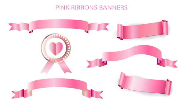 Pink Ribbon Banner Heart Icon Isolated White Background Set Vector — Stock Vector