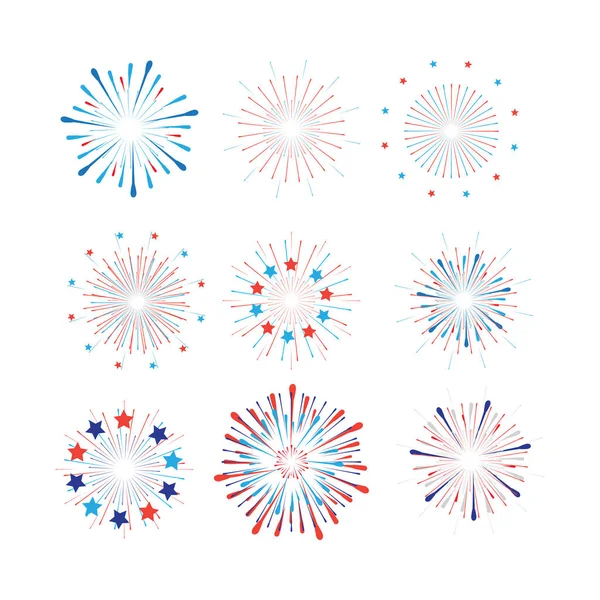 Vuurwerk Geïsoleerd Festival Patriottische Decoratie Set Rood Blauw Wit Amerikaanse — Stockvector