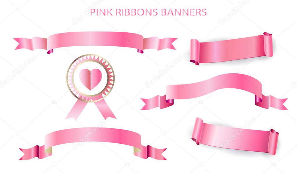 Pink ribbon banner, heart icon isolated on white background, set vector 3D realistic illustration. Scroll Ribbon sign logo label pink gold color Wedding Mothers Day Birthday Valentines Day ribbon Anniversary, baby, girl, floral decoration collection