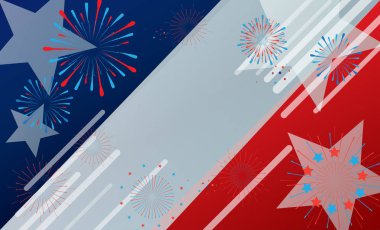 4 Temmuz Mutlu Bağımsızlık Günü Abd tebrik kartı dekorasyon Yurtsever Amerikan bayrağı yıldız havai fişek konfeti balonlar kurdele afiş beyaz kırmızı mavi renk çizgili dinamik geometrik şekiller anma günü gazi emek için soyut arka plan duvar kağıdı
