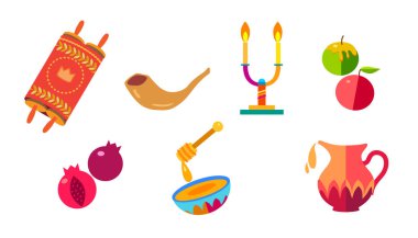 Mutlu Rosh Hashanah simgeleri Shana tova Yahudi Yeni Yıl bayramı tebrik kartı koydu. Torah, Honey and apple, shofar, nar, David 2023 Rosh hashana 'nın yıldızı geleneksel meyveler sonbahar, sukkot, elementler yalıtılmış desen süsleme sayfası