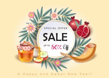 Satılık afiş Mutlu Rosh Hashanah İbranice shana tova Yahudi Yeni Yıl Tatil sembolleri hediye kartı. Tevrat, Bal ve elma, shofar, nar, David yıldızı, Rosh hashana geleneksel meyve sonbahar, sukkot, petek arka plan modern trendy tasarım vektör