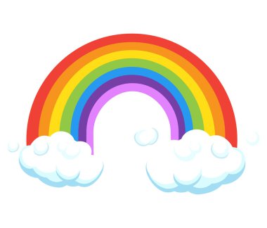 Beyaz arkaplanda gökkuşağı ve bulutlu pankart, poster, el ilanı, işaret, gökkuşağı simgesi, çıkartma, tebrik kartı, web afişi, broşür kapağı, tişört tasarımı modern barış 2024 çocuk parti dekorasyonu için çizgi film illüstrasyon vektörü evde kalın
