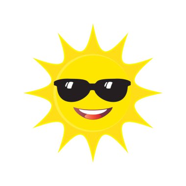 Güneş gözlüklü sarı güneş gülümseyen yüz, beyaz arkaplanda izole edilmiş simge, duygu simgesi neşeli karakter konsepti, mutlu güneş çizgi film illüstrasyon vektörü, güneşli gün, kafa gülümseme etiketi, işaret kartı çıkartması