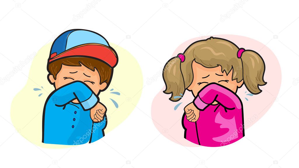 little girl and boy coughing into elbow isolated on white background, social distance, example of sneezing, virus protection 2024, public sneeze, concept cartoon cute character, flu, cough elbow icon