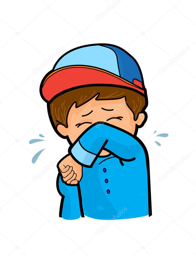 little  boy coughing into elbow isolated on white background, social distance, example of sneezing, virus protection 2024, public sneeze, concept cartoon cute character, flu, cough elbow icon