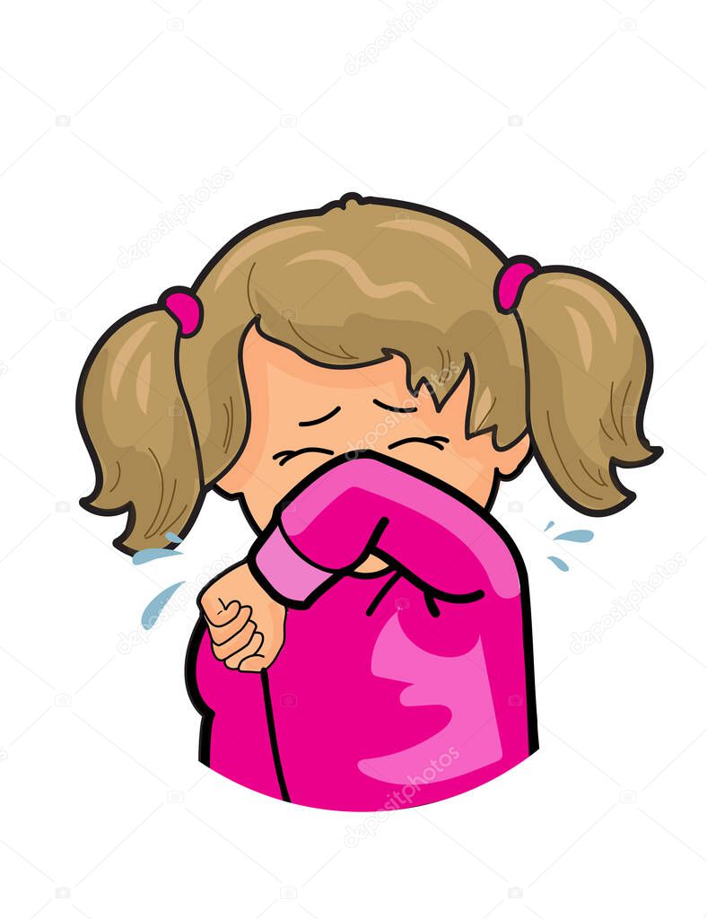 little girl coughing into elbow isolated on white background, social distance, example of sneezing, virus protection 2020, public sneeze, concept cartoon cute character, flu, cough elbow icon