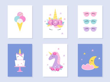 Pijama çocuklar ve yaz parti davet ediyor. Tek boynuzlu atlar ve ay. Vektör tasarımı