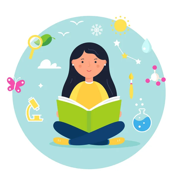 Chica leyendo un libro. Science, Biology, Stem and Steam Approach Concept Illustration (en inglés). Diseño de vectores — Vector de stock