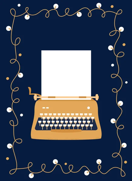 Machine à écrire dorée de style rétro avec feuille de papier vierge. Conception vectorielle festive. Carte de voeux — Image vectorielle