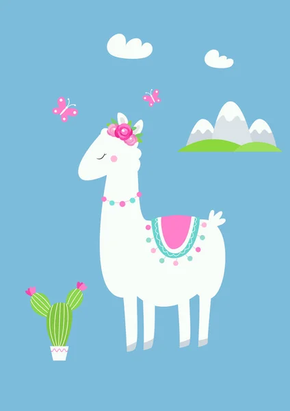 Lama carino o Alpaca con cactus, fiori e montagna Vector Illustrazione — Vettoriale Stock