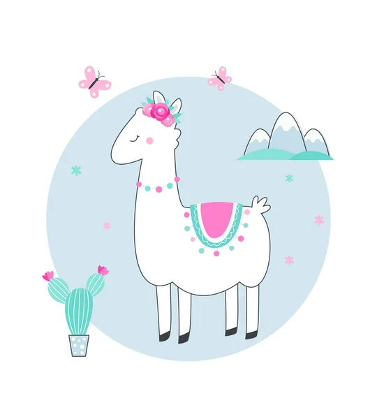 Llama Blanca o Alpaca con Cactus, Flores y Montañas Vector Illustration — Archivo Imágenes Vectoriales