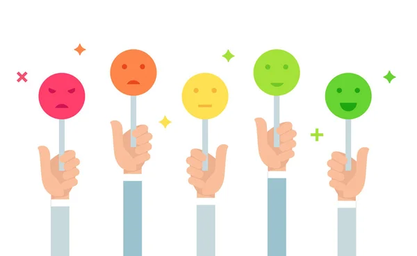 Commentaires des clients Illustration. Holding Emoji Mood Signs. Échelle de vote. Conception vectorielle plate — Image vectorielle