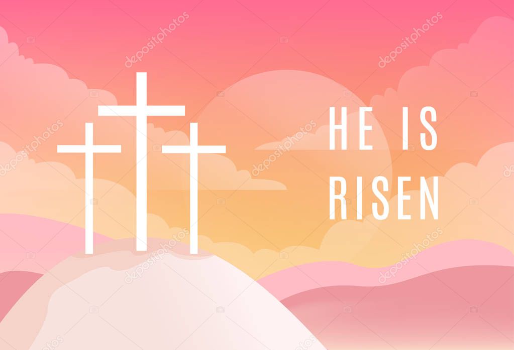 Three Crosses on Golgotha Mountain. He is Riseb Sign. Christian Easter Vector Illustration