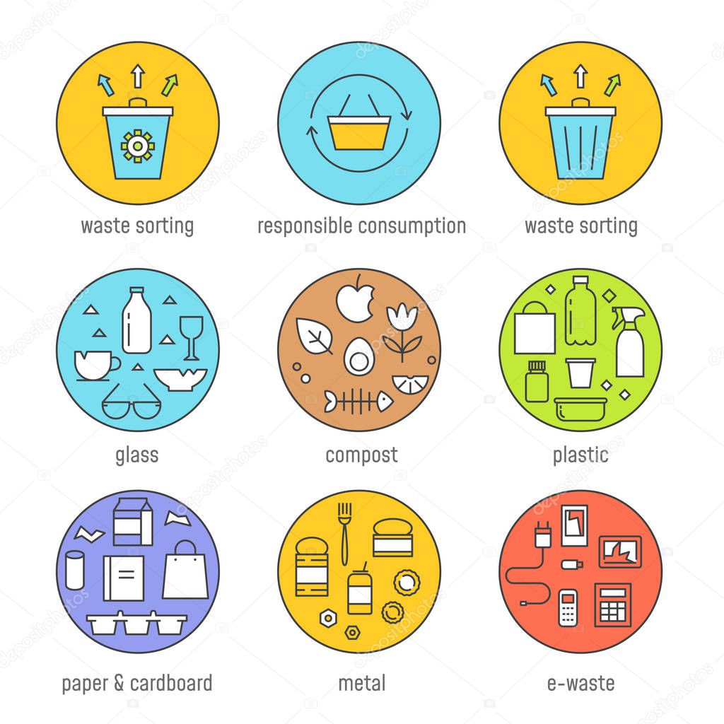 Waste Sorting and Responsible Consumption Vector Graphics Set. Flat Outline Design