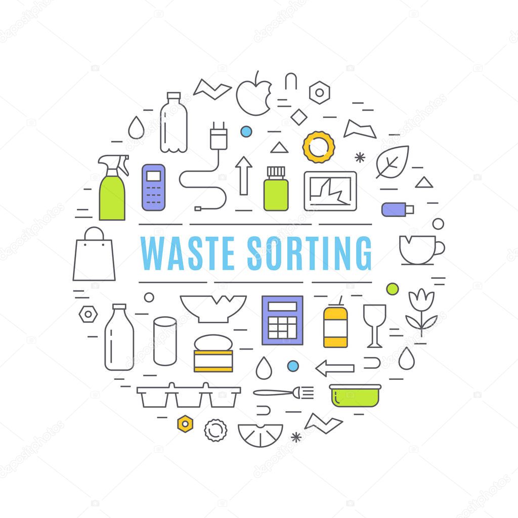 Waste Sorting and Management Vector Graphics Circle Sign. Flat Outline Design