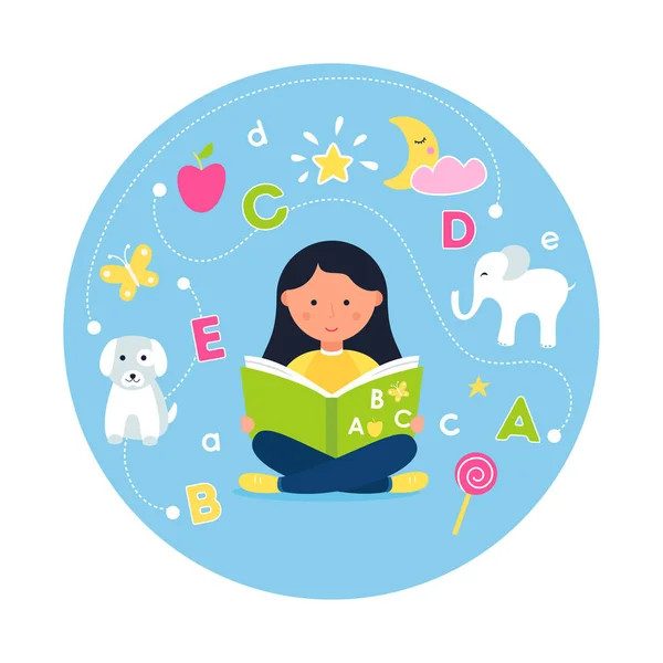 Chica leyendo ABC Book. Concepto de Enseñanza de la Lectura a través de la Fonética — Vector de stock