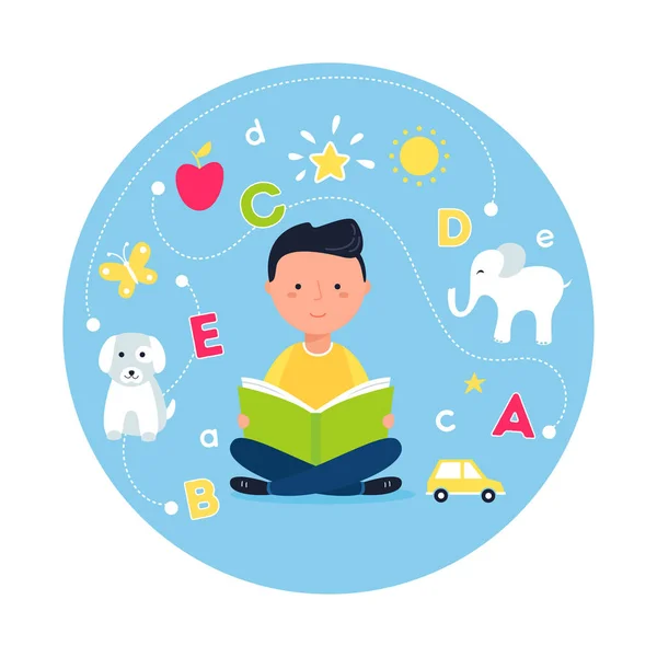 Boy Reading Book. Concepto de Enseñanza de la Lectura a través de la Fonética — Vector de stock