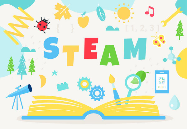 Open Book and STEAM sign. Science, Technology, Engineering, Art and Math Education Approach. Vector Design