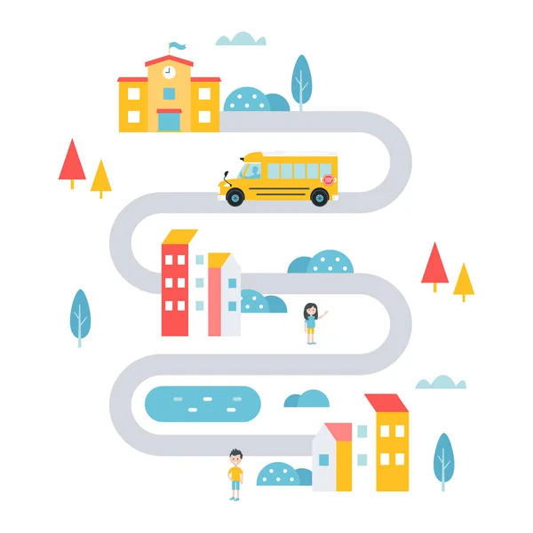 Service de transport scolaire en ville, à la campagne ou dans les régions éloignées. Illustration vectorielle plate — Image vectorielle