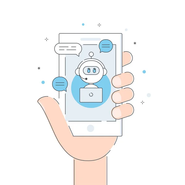 Chatbot, Inteligencia Artificial o Aplicación Asistente Virtual. Smartphone en mano. Ilustración de línea plana vectorial — Vector de stock
