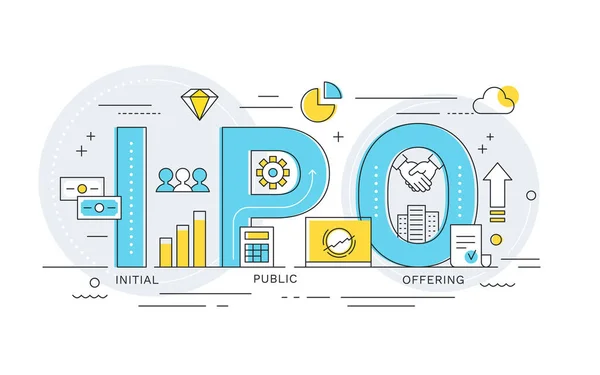 IPO или Initial Public Offering Word. Плоский векторный дизайн Лицензионные Стоковые Иллюстрации