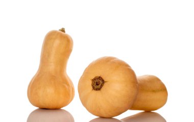 Olgun tatlı balkabakları beyaz arka planda izole edilmiş, yakın plan.