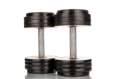 Kauçuk halterler beyaz arka planda izole edilmiş, yakın plan..