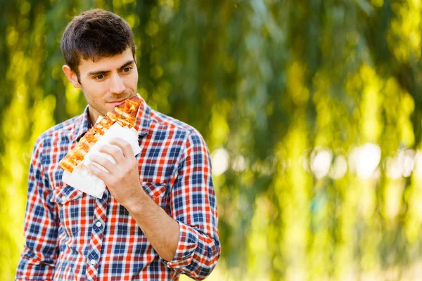Portrait Young Man Eating Pizza Mockup Products Presentations Logo Text Stock Photo