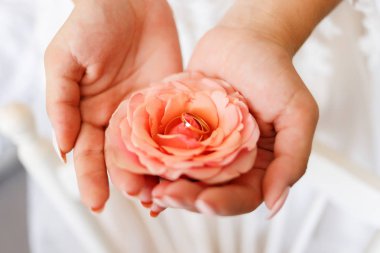Altın alyans pembe Gül bir tomurcuk içinde yalan. Alyans yalan üzerine bir çiçek tomurcuk