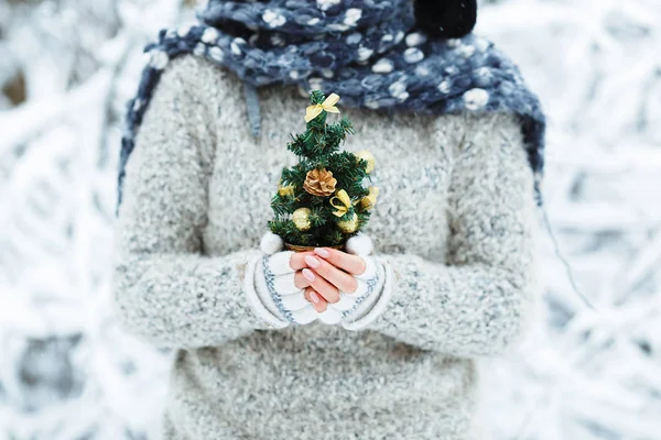 Hermosa Chica Feliz Con Pequeño Árbol Navidad Decorado Sus Manos — Foto de Stock