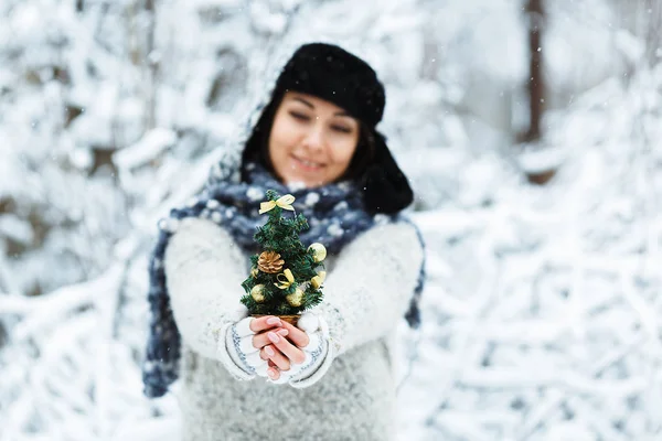 Hermosa Chica Feliz Con Pequeño Árbol Navidad Decorado Sus Manos — Foto de Stock