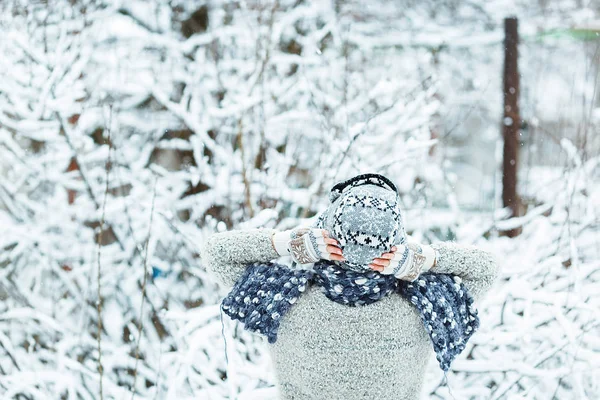 Hermosa Chica Con Suéter Gris Sombrero Bufanda Bajo Nieve Que — Foto de Stock
