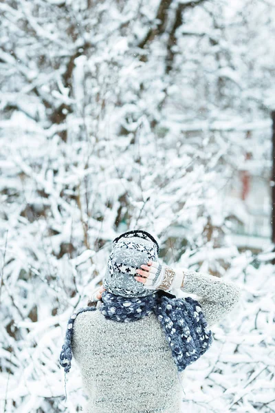 Hermosa Chica Con Suéter Gris Sombrero Bufanda Bajo Nieve Que — Foto de Stock