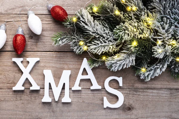 Navidad Fondo Letras Madera Rama Pino Cubierto Nieve Decoraciones Vieja — Foto de Stock