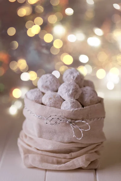Traditional Christmas Cookies Almonds Snowball White Background Fairy Lights — Stock Photo, Image