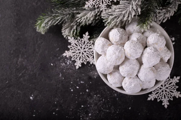 Traditional Christmas Cookies Almonds Snowball Dark Background — Stock Photo, Image