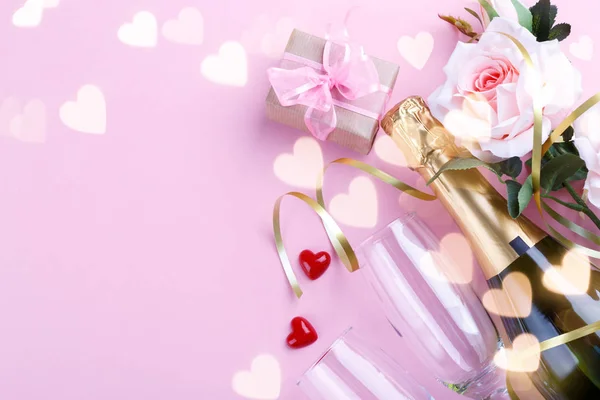 Champagne Bril Roze Rozen Romantische Achtergrond Kopiëren Ruimte — Stockfoto