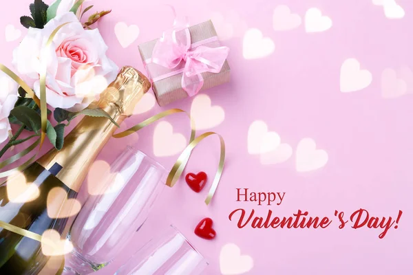 Champagne Glasses Pink Roses Pink Romantic Background Happy Valentine Day — Stock Photo, Image