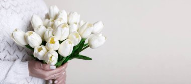 Beyaz lale buketi kadın ellerinde, bahar çiçekleri. Uluslararası Kadınlar Günü