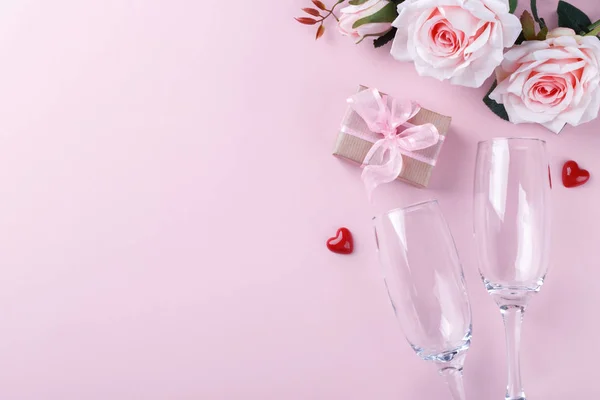 Champagne Bril Roze Rozen Romantische Achtergrond Kopieer Ruimte — Stockfoto