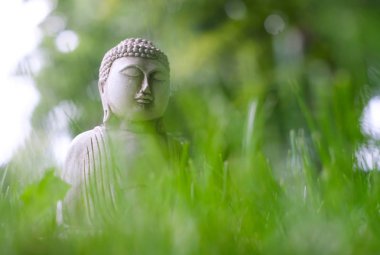 Bir meditasyon bulanık poz yeşil çim ön plan ile doğal parlak arka planda küçük beyaz Buda heykeli. Budizm dini sembolü. Seçici odak
