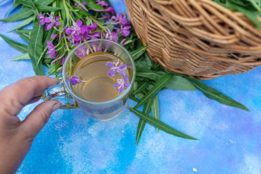 Geleneksel Rus bitkisi şeffaf bir fincanda Ivan çayı içer. Yakın plan, Ivan çayı, ateş otu, hasır sepet arka plan.