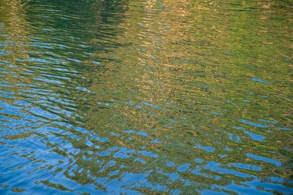 Sfondo naturale, bagliore del sole e riflesso degli alberi nell'acqua. — Foto Stock